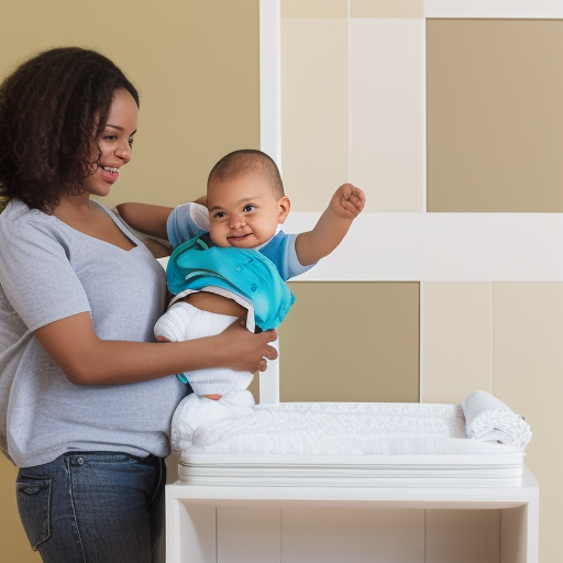 

An image of a smiling parent holding a baby in one arm and a diaper in the other, with a changing table in the background. The parent is confidently and efficiently changing the baby's diaper, demonstrating how quickly and easily it can be done