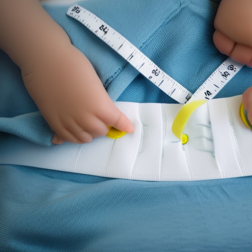 

A close-up of a baby's bottom wearing a diaper, with a measuring tape around the waist to show the size of the diaper.