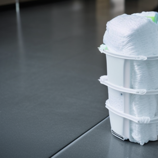 

A close-up image of a baby diaper disposal bin, with a lid and a handle, filled with used diapers.